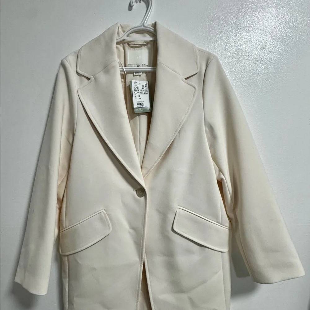 H&M Cream Longline Blazer Coat XS | Business Casual Light Academia Jacket - Picture 1 of 6